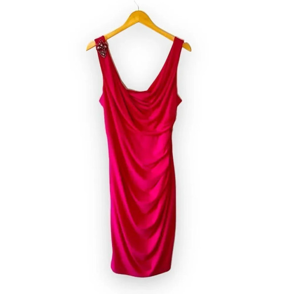 David Meister Hot Pink Body Con Dress Size 10 beaded Shoulder Barbiecore Barbie‎ - Picture 1 of 8